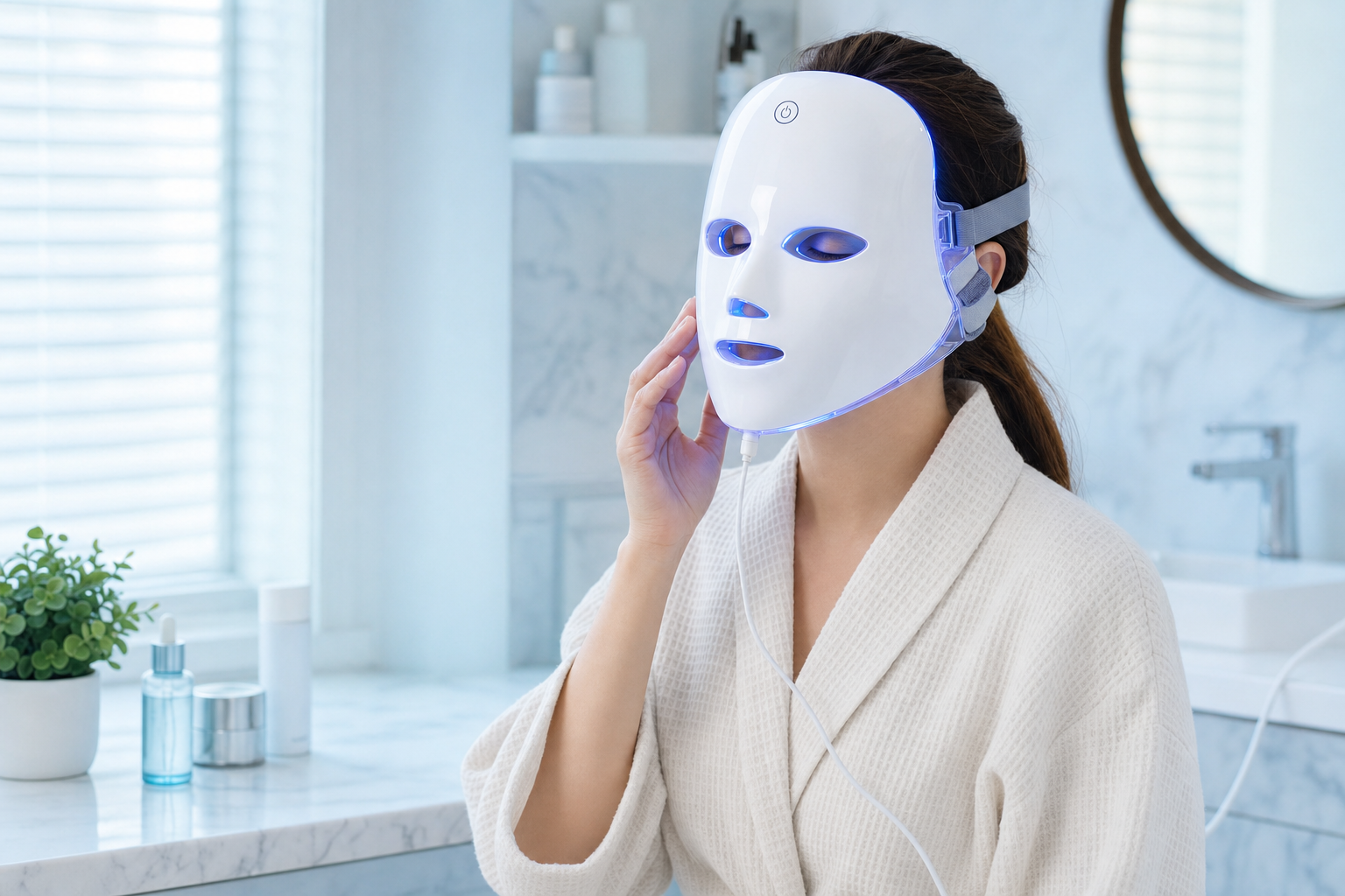 Woman wearing the MLUESKIN LED mask at home
